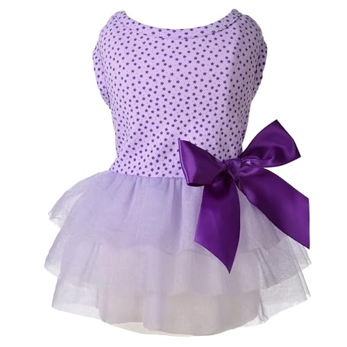 MSNFOASM Charming Starry Knit Top with Fluffy Chiffon Skirt Cat Dog Dress (Purple Stars,XXS)