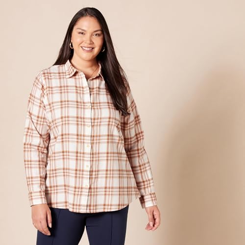 Image of Amazon Essentials Women's Regular-Fit Long-Sleeve Lightweight Plaid Flannel Shirt with Brushed Finish, Shirttail Hem
