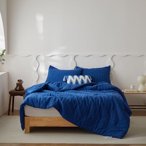 Image of Simple&Opulence 100% Cotton Waffle Weaving Comforter Set-2 Pieces Bedding Set(1 Comforter and 1 Pillowcase), Lightweight Soft Breathable Comforter Bed Sets for All Season(Navy Blue, Twin)