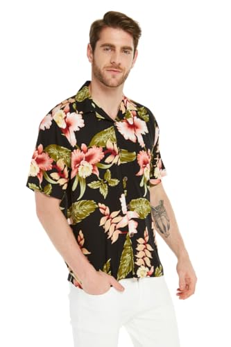 Image of Family Matching Hawaiian Clothes, Black Rafelsia | Lightweight 100% rayon • Family matching outfits • Beach vacations • Luaus • Cruises • Family photos