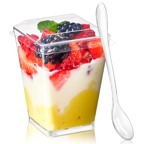 TOFLEN 100 Pack 5 oz Plastic Dessert Cups with Lids for Party