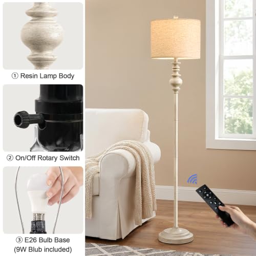 Image of BOBOMOMO 64.25 inch Farmhouse Floor Lamp with Remote, Dimmable Floor Lamp with Adjustable Color Temperatures, Tall White Standing Floor Lamps for Living Room Corner, Bedroom & Nursery, 9W Bulb Included