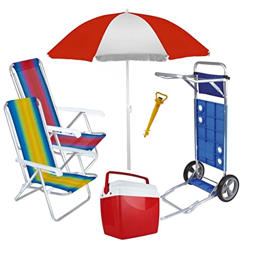 Kit Praia Carrinho Com Avanço + 2 Cadeira Reclinável + Guarda Sol 1,8m + Caixa Térmica + Saca Areia - Mor - Vermelho