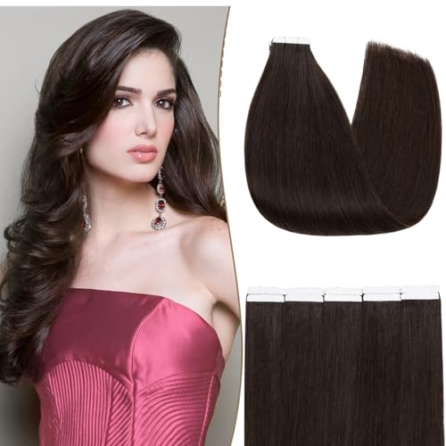 S-noilite Extensiones de Cabello con Cinta Adhesiva, 10Pcs 25g Extensiones Adhesivas Pelo Natural, Cabello Natural Cabello Humano Natural, Natural Adhesivas Extensiones,45CM Marrón Negro #2
