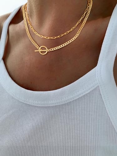 Gold Layered Necklaces for Women, 14K Gold Silver Chunky Chain Necklace Trendy Cuban Link Paperclip Chain Toggle Clasp Dainty Necklace Stacks Non Tarnish Jewelry for Women4