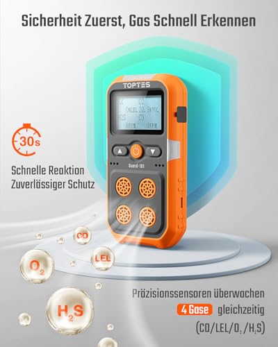 TopTes Guard-101 Gasmelder, 4 Gasmelder Für H2S, CO, LEL Und O2, Mit Vibration, Licht- Und Tonalarm, 14 Stunden Batterielaufzeit, Explosionsgeschützt, Für Arbeit Und Zuhause - Orange