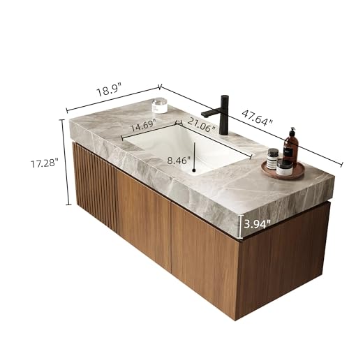 Image of 48 Inch Floating Bathroom Vanity with Sink, Modern Wall Mounted Bathroom Storage Vanity Cabinet with Sintered Stone Countertop, Brown Oak