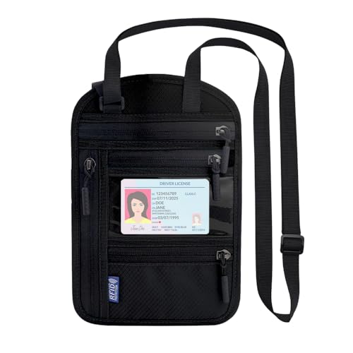 DKDXID Bolsa Portadocumentos Viaje Cuello Mujer Hombre Cartera de Cuello con Bloqueo Rfid Porta Pasaporte Cuello Impermeable Cartera Antirrobo Viaje Funda Pasaporte Cuello Protección - Negro