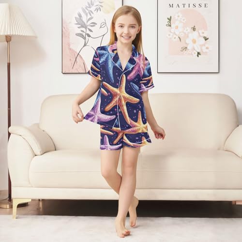Satin Pajama Sets Short Sleeve Colorful Starfish Pattern Button Down Silky Nightwear 2 Piece PJS 5-14Y3