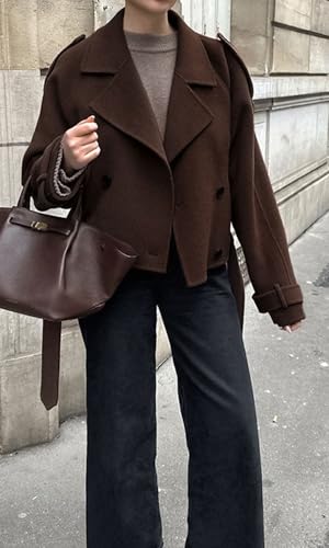 CHARTOU Women Crop Wool Pea Coat Lapel Collar Office Work Short Winter Jacket Trench Coat2