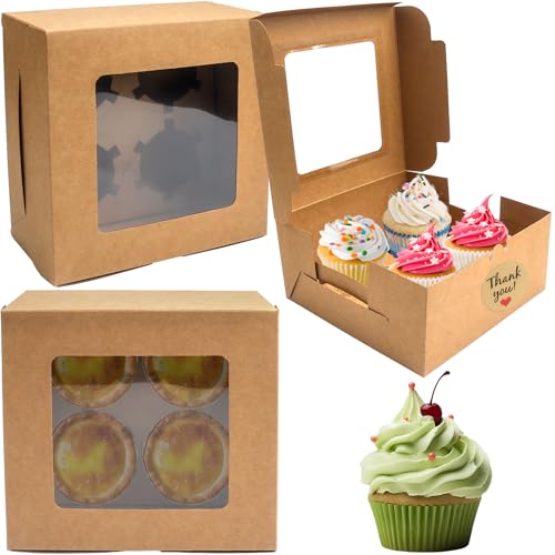 LHNNDM 20 Pcs Cupcake Boxes 4 Hole with Window and stickers Cupcake Carrier Bakery Pastry Boxes Cookie Treat Muffins Boxes Carrier for Home Baker Birthday (Kraft 4 hold)
