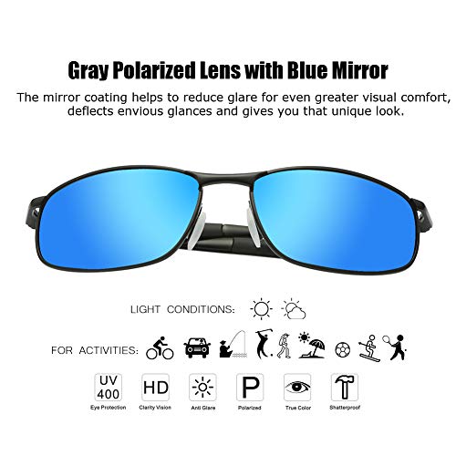 ZHILE Polarized Sunglasses for Men, 8-base Curve Wrap Metal Frame for Fishing Sporting Driving with Sunglasses Case (Black frame Blue mirrored lens, 57) - Thumbnail 2