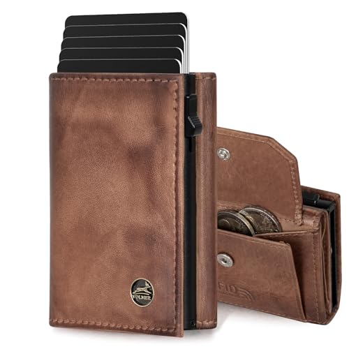 Fa.Volmer ® POP-UP Kartenetui mit Münzfach aus Echtleder für Herren & Damen | 11 Karten | RFID Schutz | Geldbörse VO44P (Antique Brown, Großes Münzfach)