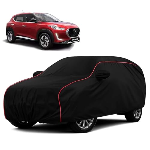 Sulfar 100% Water Resistant Car Body Cover Compatible with Mirror for Nissan Magnite (Triple Stitched, Full Bottom Elastic, Black with Red Piping)