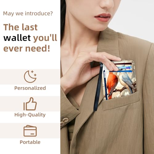 Credit Holder Slim Wallet, PU Leather RFID Blocking, Women & Men Front Pocket Small Card Holder, Credit Card Wallet with Wristlet, Convenient Travel Business, Two Birds4