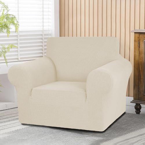KEKUOU Stretch Single Sofa Slipcover 1 Piece Couch Sofa Cover (31"-55") Furniture Protector 1 Seater Sofa with Elastic Bottom for Kids,Pet.Jacquard Small Checked Pattern Fabric(Small,Beige)