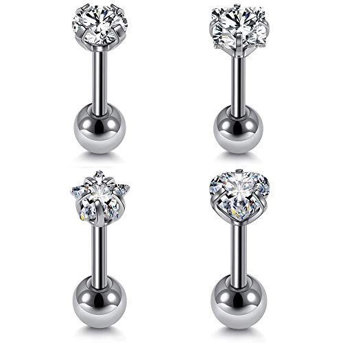 Zysta 4PCS Clear Cubic Zirconia 16G Earring Studs Heart Star Square Round Rhinestone Diamond Stainless Steel Post Back Ball Screw Men Women Nose Helix Cartilage Ear Lobe Small Cute Piercing
