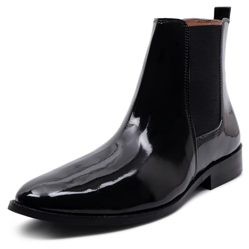 Image of LOZANO Italian Cut Black Patent Leather Chelsea Boots for Men | High Ankle Cuban Heel Square Toe Zip Closure Cushioned Insole Boot