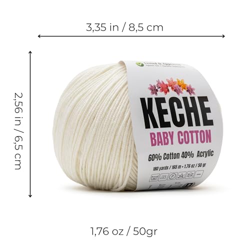 Image of Keche Baby Cotton, 60% Cotton 40% Acrylic Yarn, Soft Cotton Yarn for Crochet and Knitting, Amigurumi Yarn 1 Skein /Ball 1.76 Oz (50g) / 180 Yrds (165m) - Off White