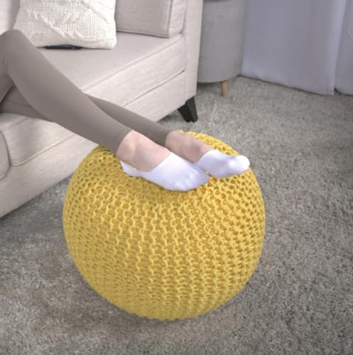 BGTR Bordeaux Knitted Cotton Round Pouf, Yellow
