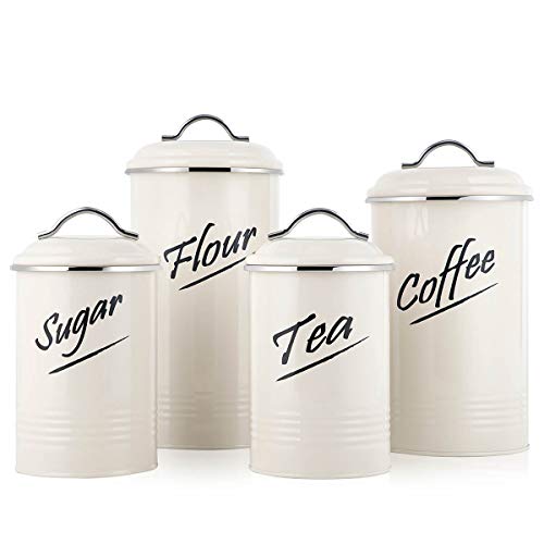 Hillbond Food Storage Canisters Containers: Carbon Steel with Ivory Powder Coated Decorative Storage Jars Set of 4