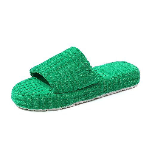 Jakcuz Terry Towelling Slippers for Women Girls Memory Foam Open Toe Comfortable Slide Sandals Solid Green Size 9