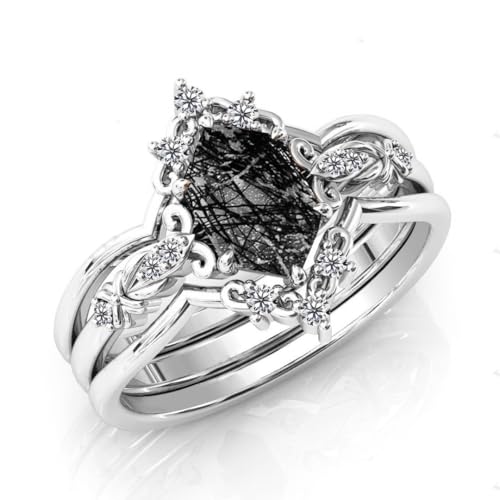 Natural Hexagon Black Rutilated Quartz Engagement Ring Set 925 Sterling Silver Rings for Her with Free Engraving Jewelry Gift for Women Black Rutilated Quartz Vintage Ring Set Size 4-15 -73
