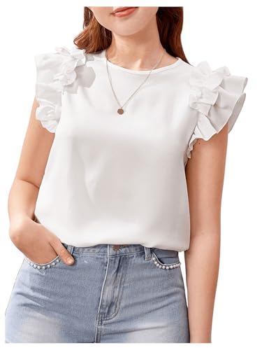 Image of SHENHE Girl's Cute Ruffle Tiered Layer Cap Sleeve Round Neck Blouse Shirt Tops White 10-11Y