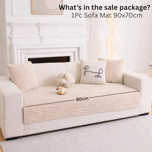 Image of HOMETHREADS 600GSM Thick & Soft Rabbit Fur Plush Sofa Cover-Luxurious Cozy Slipcover, Washable & Pet-Friendly, Anti-Scratch Protector for Sofas (Cream, 1 Seater Large| 90x70cm)