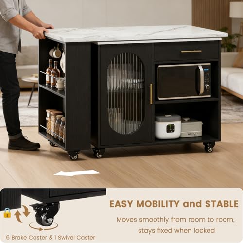 Image of HSH 71 inch Rolling Kitchen Island with Storage Seating on Wheels, White Marble | Mobile Island With 360 Swivel Faux Marble Top, With Power Outlet, Storage Cabinet, Open Adjustable Shelves Fit In Microwave