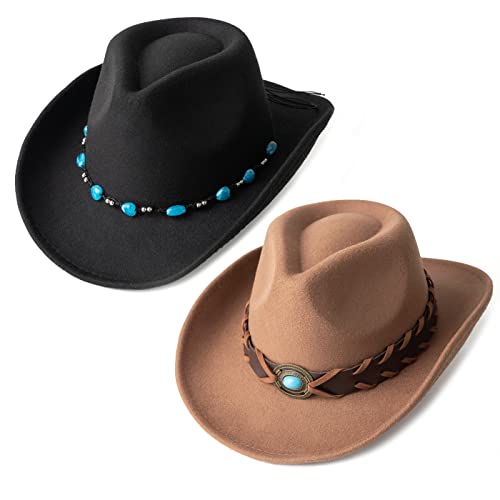 Gossifan Western Cowboy & Cowgirl Hut Filz Breite Krempe Damen Herren Fedora Hüte, Khaki / Schwarz, Medium Cover