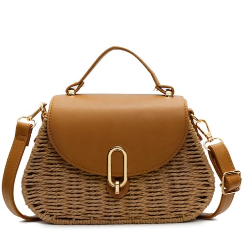 Small Women Straw Bag Retro Rattan Woven Satchel with Flap Crossbody Shoulder Purse for Summer Beach Vacation