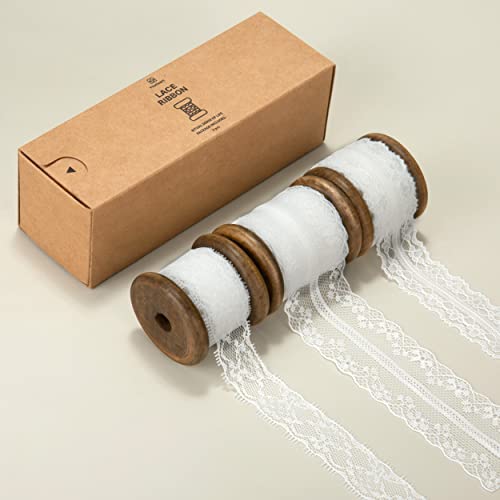 Vitalizart White Lace Ribbon Sewing Fabric 3 Rolls Floral Lace Trim 15 Yards with Wooden Spool for Gift Wrapping Wedding Invitation Birthday Decoration Hair Bow Bouquet Crafts