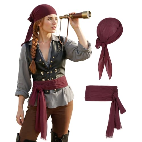 Zando Pirate Accessories Women Men Teens - Wine Red Pirate Bandana Head Scarf Hat Belt Sash Halloween Medieval Renaissance Costume for Themed Cosplay Party