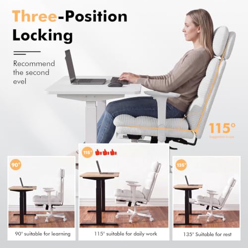 Image of GXJ Criss Cross Legged Office Chair with Flip-up Arms, Footrest, G800 Plus | 6.3 inch Cushion Relieves Tailbone Pain, Head-Lumbar Support Eases Fatigue, Smooth Rolling Wheels, Corduroy Desk Seating, White