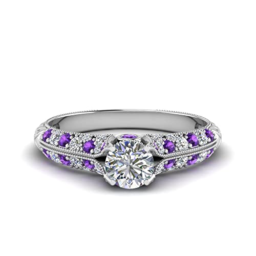Image of Choose Your Gemstone 2 Row Milgrain Diamond CZ Ring 925 Sterling Silver Round Shape Vintage Engagement Rings Matching Jewelry Wedding Jewelry Easy to Wear Gifts US Size 4 to 12