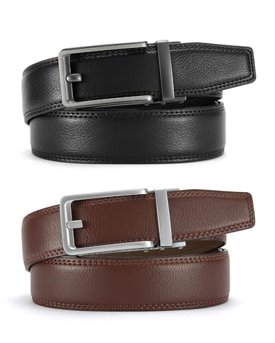 Image of CHAOREN Click Belts for Men 2 Pack - Mens Ratchet Leather Belt 1 3 /8 inch for Dress and Casual - Micro Adjustable Belt Fit