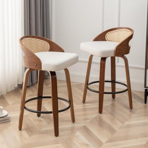 Image of Swivel Rattan Bar Stools with Back Beige Linen Fabric Bar Height Stools 3PC