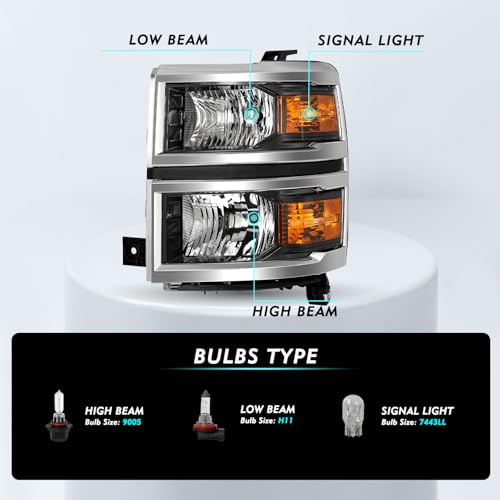 Image of TUSDAR Upgraded Lens Headlights Assembly Fit for 2014 2015 Chevy Silverado 1500 Pickup Truck OE Style Halogen Headlamps Replacement Chrome Housing /Driver & Passenger Side w /Bulbs