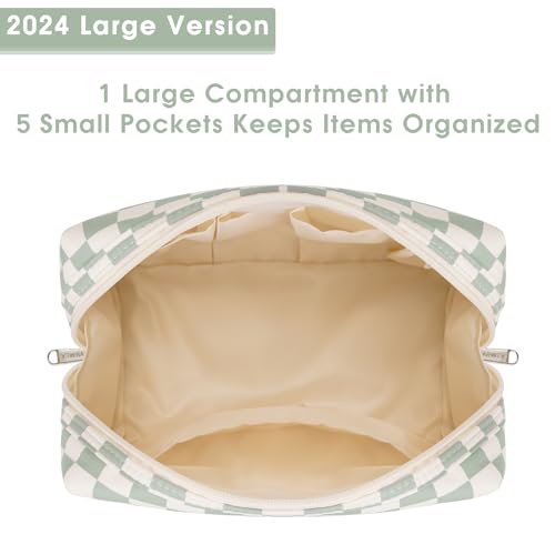 Large Makeup Bag Zipper Pouch Travel Cosmetic Organizer for Women (Mint Green Checkerboard, Large), Z-mint Green Checkerboard - Image 3