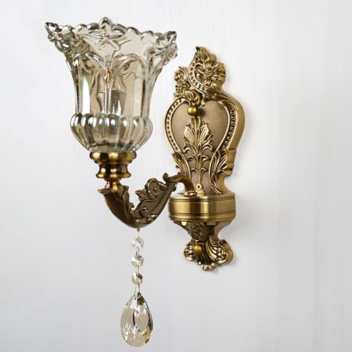 Image of Vintage Wall Sconce, Antique Brass Wall Light, Crystal Floral Bedside Wall Lamp for Entrance, Bedroom, Hallway