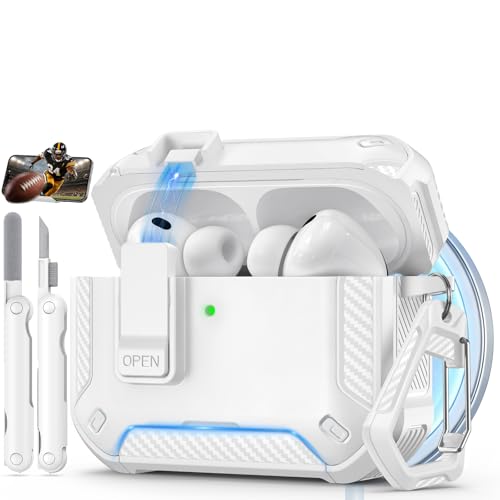 Image of for AirPods Pro 3 Case with Lock & Phone Stand(Pure White) | Automatic Snap Switch Lock,Carbon Fiber Texture Design Cover with Cleaner Kit,Compatible with MagSafe
