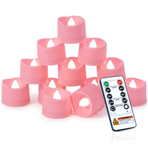 Image of Homemory 12-Pack Pink Remote Flameless Battery Tea Light Candles, 400+ Hrs | 2 /4 /6 /8H Timer LED Flickering Tealight Votives for Valentine's Day, Bridal Showers, Birthdays and Baby Showers