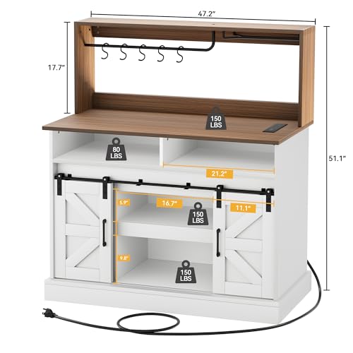 DWVO Farmhouse Buffet Cabinets, 47" Coffee Bar with Goblet Holder & Power Outlet, Sliding Barn Door Sideboard Cabinet for Kitchen & Living Room Storage (White)