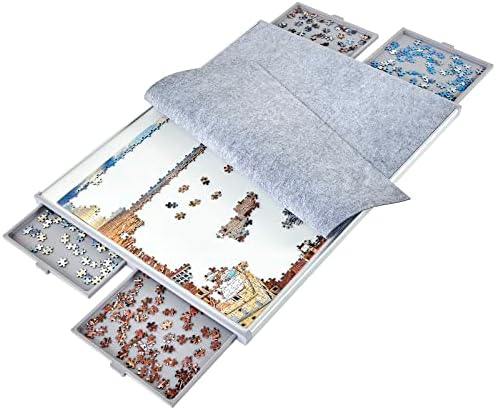 1500 Piece Non-Wood Jigsaw Puzzle Board with Drawers and Felt Fabric Cover Mat, Portable Puzzle Table for Adults, Puzzle Tray, Large Size: 35×26 Inch Work Surface, Lightweight Design, Gray