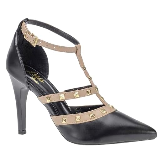 Sapato Feminino Salto Alto Scarpin Spyke Confort com Rebites Detalhado Lóris Shoes 004 (Preto com Nude, BR, Adulto, Numérico, 35)