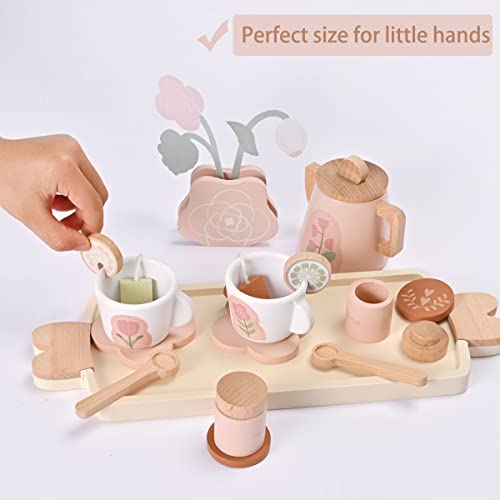 Mont Pleasant Wooden Tea Set For Little Girls, Wooden Toys, Toddler Tea Set Toy, Play Kitchen Accessories Set, Montessori Toys, Kids Play Kitchen Pretend Playset Toys For Baby Tea Party With Play Food #TOP1