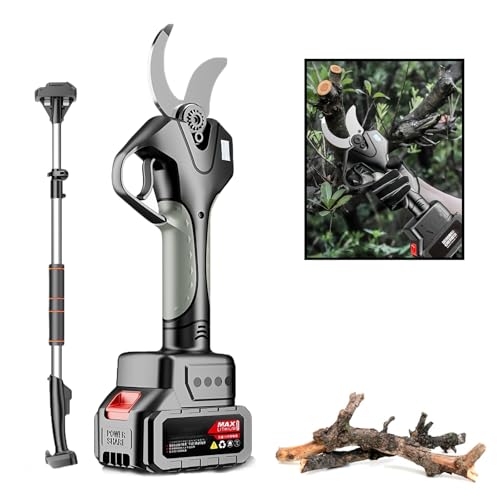 Glowdora Tijeras De Podar Eléctricas A Batería De 50 Mm, Tijeras De Podar Portátiles Inalámbricas con Pértiga De Extensión De 1,3 A 2,15 M De Alto, Pantalla LCD, Motor Sin Escobillas, Color Negro.