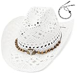 EOZY Straw Cowgirl Hat for Women Men Western Cowboy Hat Woven Hollow Out Wide Brim Sun Hat with Chin Strap/White