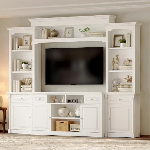 Image of AMERLIFE 102.8 inch Wall Unit Entertainment Center with Bookshelves for TVs up to 65 inch, Multifunctional TV Stand Media Console with Cabinet & Storage Drawer & Adjustable Shelf for Living Room,White